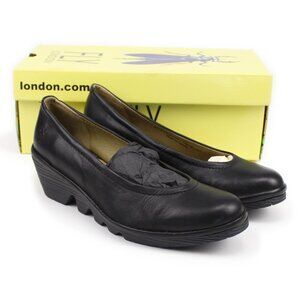 NIB Fly London Black Leather Pump Rubber Wedge Sole Ballerina Flats Shoes 37